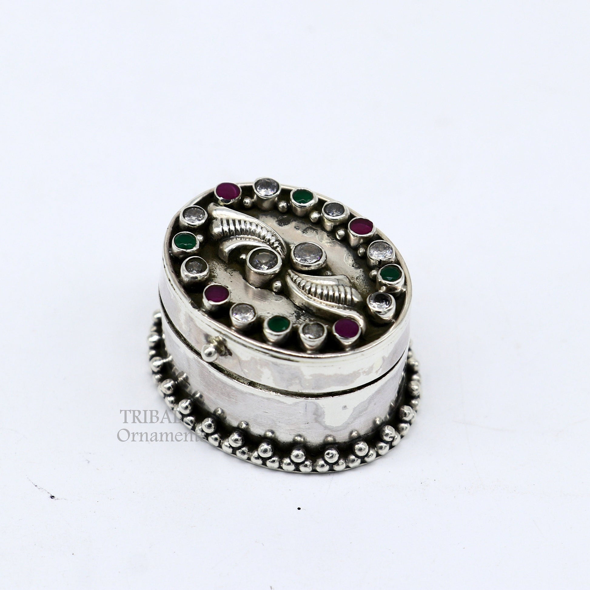 925 sterling silver trinket box with unique stone design, ideal for jewelry, kajal eyeliner, and sindur storage by TRIBAL ORNAMENTS