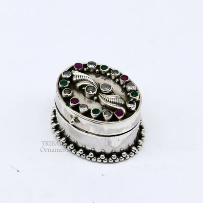 925 sterling silver trinket box with unique stone design, ideal for jewelry, kajal eyeliner, and sindur storage by TRIBAL ORNAMENTS