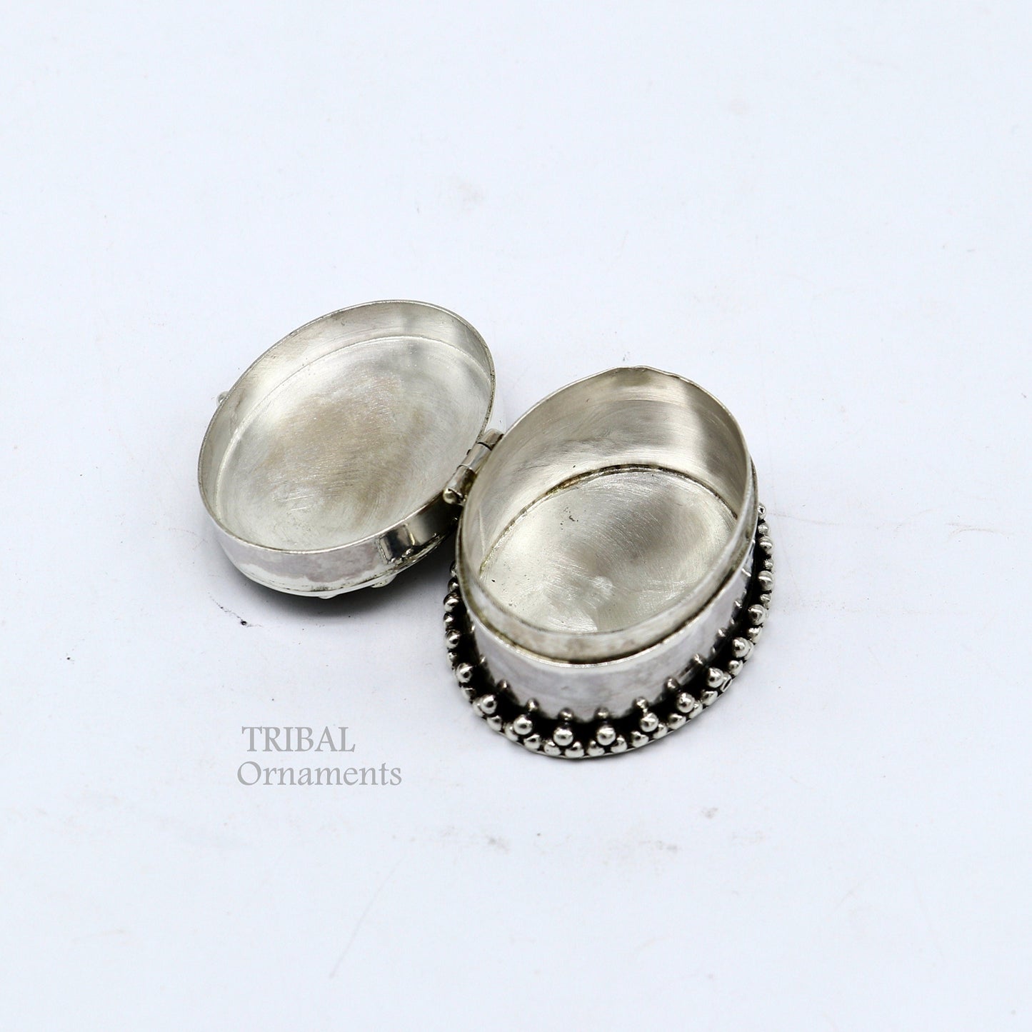 925 sterling silver trinket box with unique stone work, ideal for kajal, sindur, or brides gift, by TRIBAL ORNAMENTS.