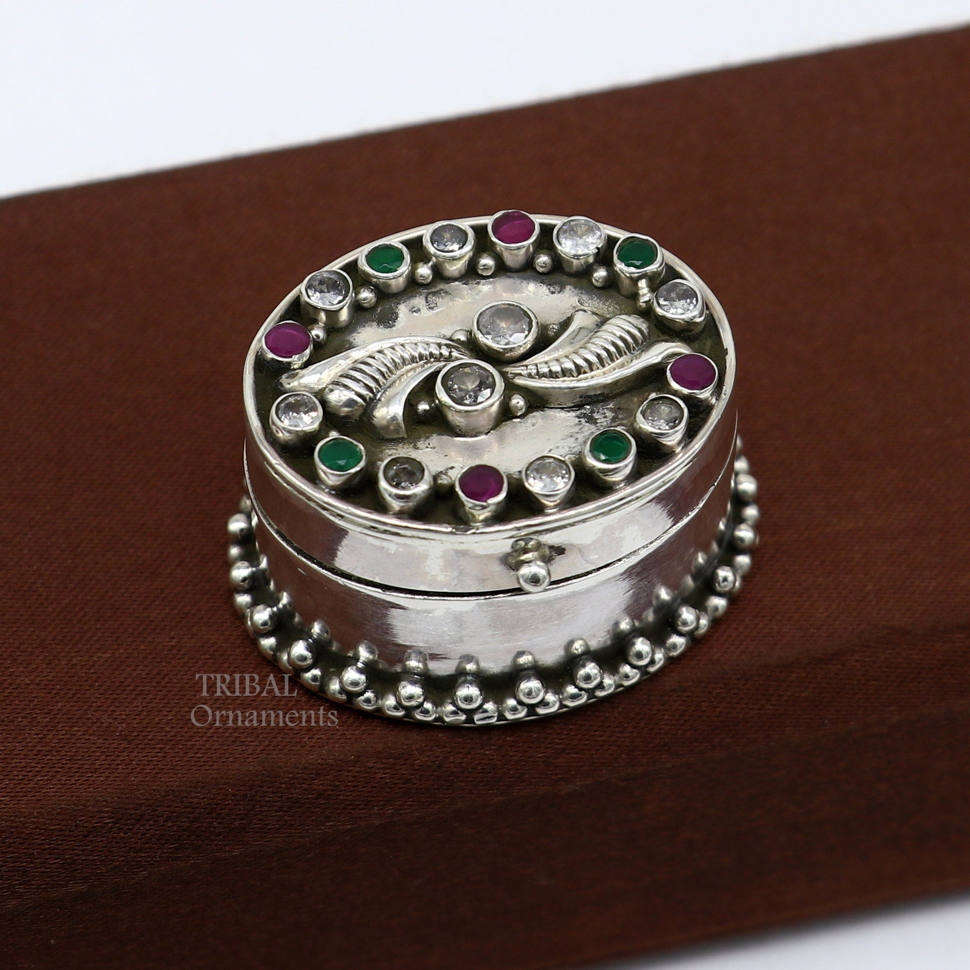925 sterling silver trinket box with unique stone work, ideal for kajal, sindur, and bridal gifts, by TRIBAL ORNAMENTS.
