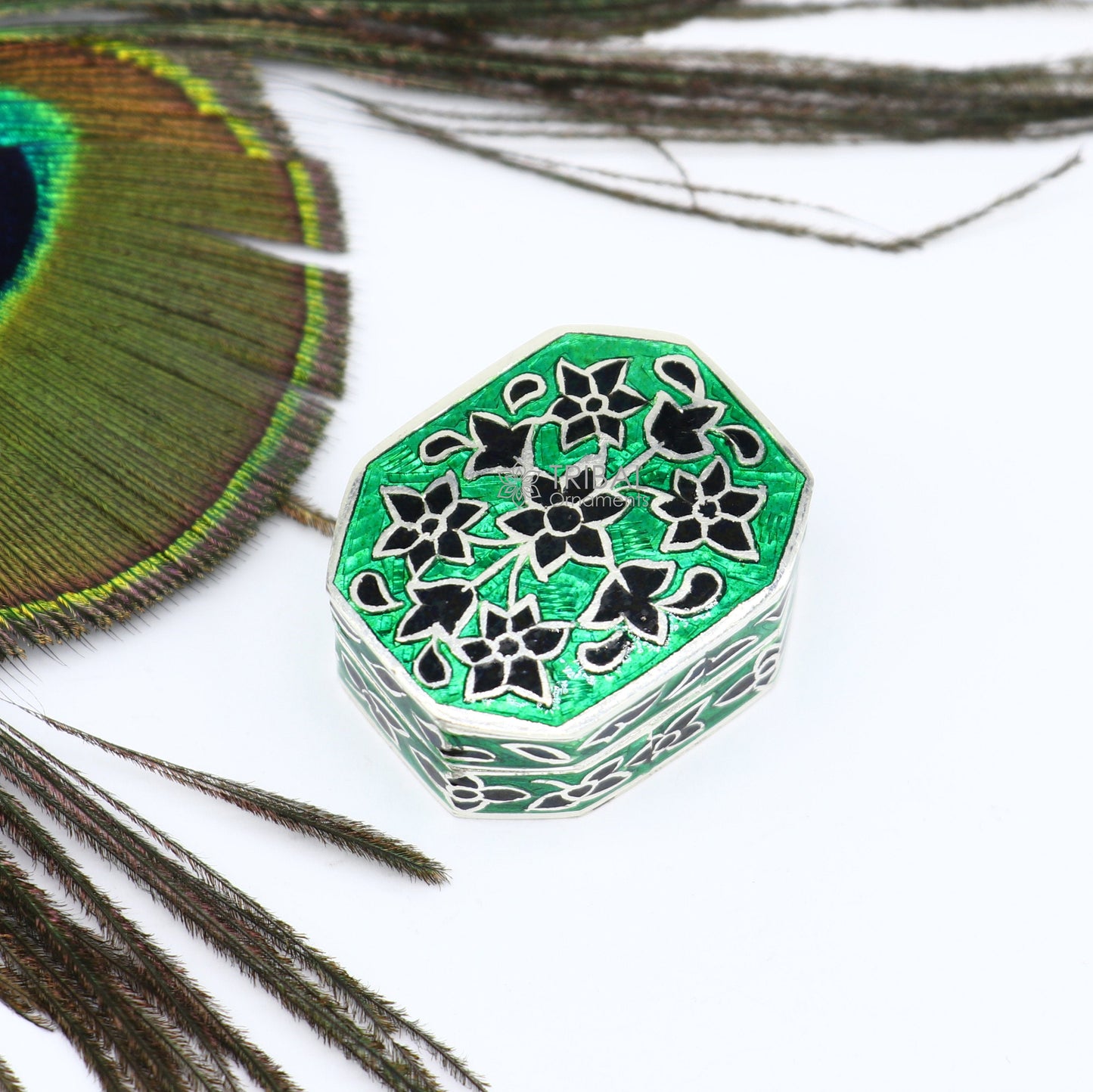925 sterling silver unique enamel wrok design handmade brides eyes kajal box, surma box, kumkum sindur box small trinket box article stb783 - TRIBAL ORNAMENTS