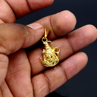 925 sterling silver gold-polished Lord Shiva pendant with trident, unisex divine jewelry by Tribal Ornaments.