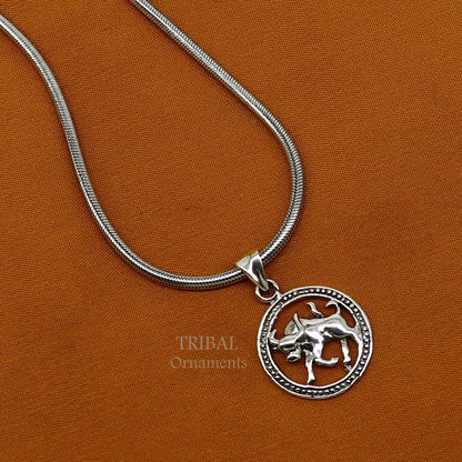 Sterling silver Taurus zodiac pendant featuring Vrishbh Rashi symbol, ethnic horoscope jewelry by TRIBAL ORNAMENTS.