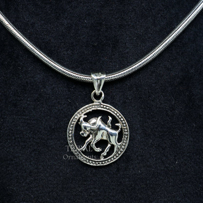 925 sterling silver Taurus zodiac pendant featuring Vrishbh Rashi symbol, tribal-inspired jewelry by TRIBAL ORNAMENTS.
