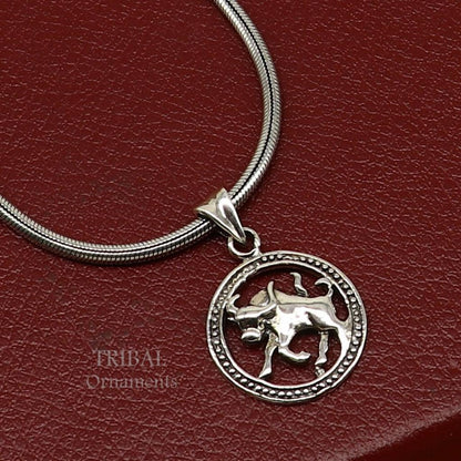 925 sterling silver Taurus zodiac pendant featuring Vrishbh Rashi symbol, ethnic jewelry with intricate tribal design.