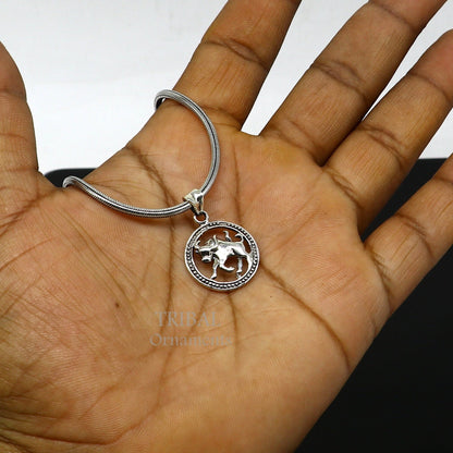 Sterling silver Taurus zodiac pendant featuring Vrishbh Rashi symbol, tribal-inspired horoscope jewelry by TRIBAL ORNAMENTS