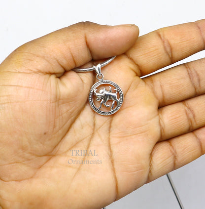 925 sterling silver Taurus zodiac sign pendant, tribal jewelry with Vrishbh Rashi symbol, ethnic horoscope necklace accessory.