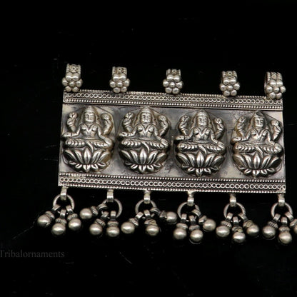 Sterling silver vintage Indian Goddess Laxmi pendant with intricate design and hanging drops, perfect for tribal belly dance jewelry.
