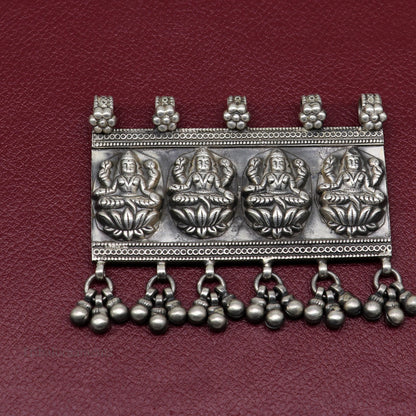 Sterling silver vintage Indian Goddess Laxmi pendant with intricate antique design and hanging drops, tribal belly dance jewelry