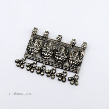 Sterling silver vintage Indian Goddess Laxmi pendant with intricate design and decorative drops, tribal belly dance jewelry.
