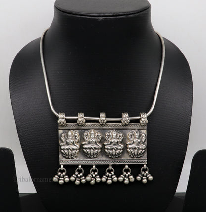 925 sterling silver vintage Indian Goddess Laxmi pendant with intricate design and drop details, tribal belly dance jewelry.