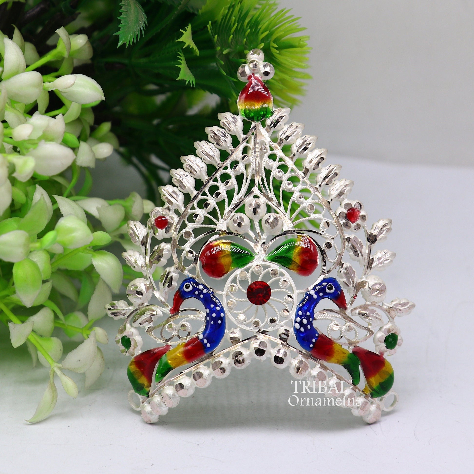 925 sterling silver vintage antique design handmade Mukut (crown), amazing peacock design silver god & goddess  crown home temple art su1021 - TRIBAL ORNAMENTS
