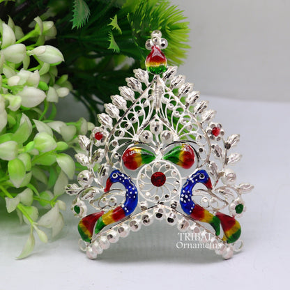 Handmade 925 sterling silver vintage Mukut crown with intricate peacock design, suitable for home temple decor and deity worship.