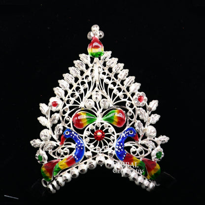 Vintage handmade 925 sterling silver Mukut crown with intricate peacock design, ideal for home temple decor and deity adornment.