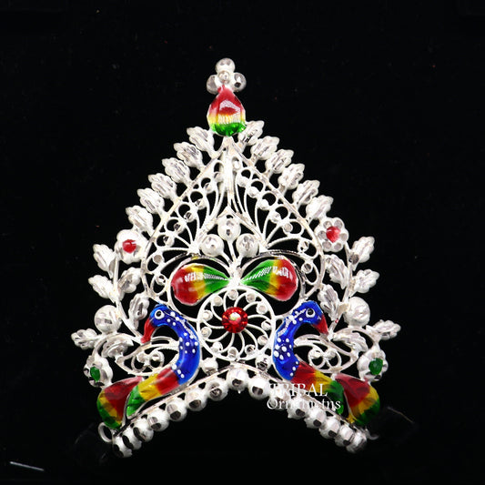 925 sterling silver vintage antique design handmade Mukut (crown), amazing peacock design silver god & goddess  crown home temple art su1021 - TRIBAL ORNAMENTS