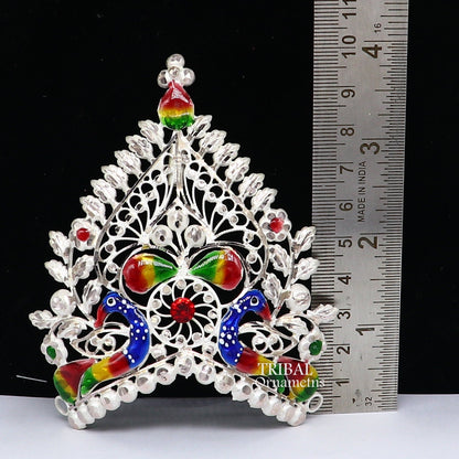 Handmade 925 sterling silver vintage Mukut crown with peacock design, suitable for home temple art and deity decoration.