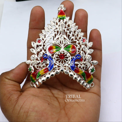 Handmade 925 sterling silver vintage peacock design Mukut crown with intricate god and goddess motifs for temple decor.