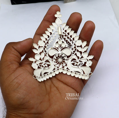Handmade 925 sterling silver vintage peacock design Mukut crown for gods and goddesses, ideal for home temple decor.