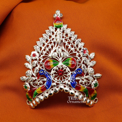 Handmade 925 sterling silver vintage Mukut crown with intricate peacock design for gods and goddesses, ideal for home temple decor.