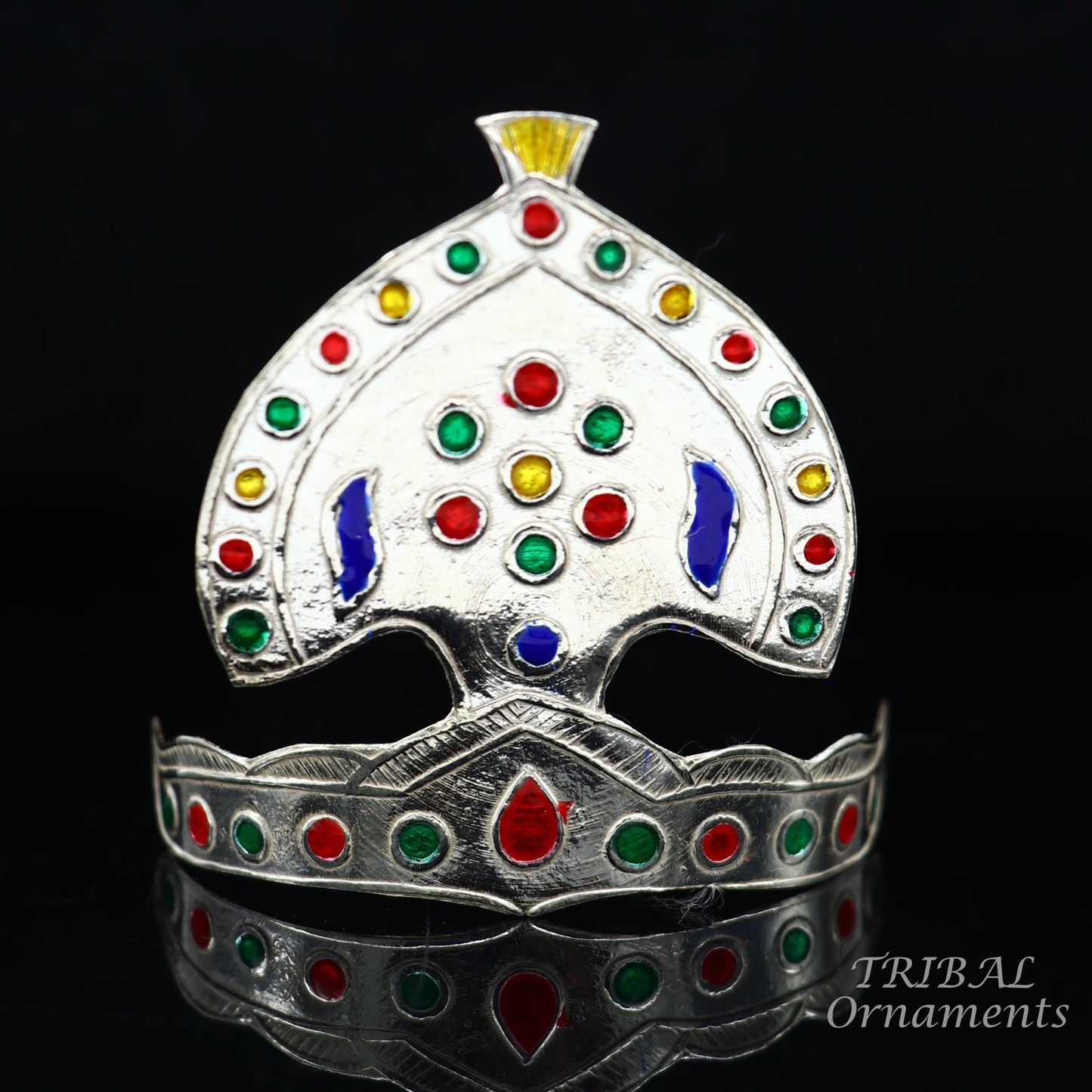 925 sterling silver vintage antique design mukut (crown), amazing handmade enamel design silver god crown home temple god hat su697 - TRIBAL ORNAMENTS
