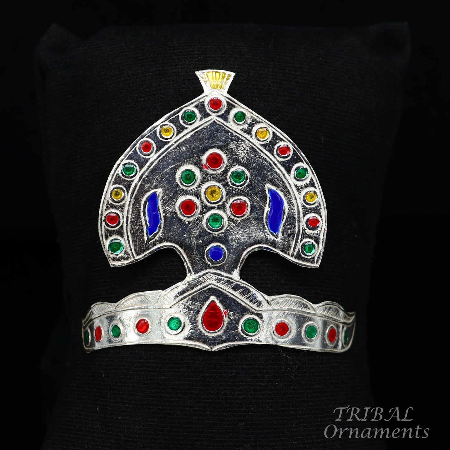 925 sterling silver vintage antique design mukut (crown), amazing handmade enamel design silver god crown home temple god hat su697 - TRIBAL ORNAMENTS