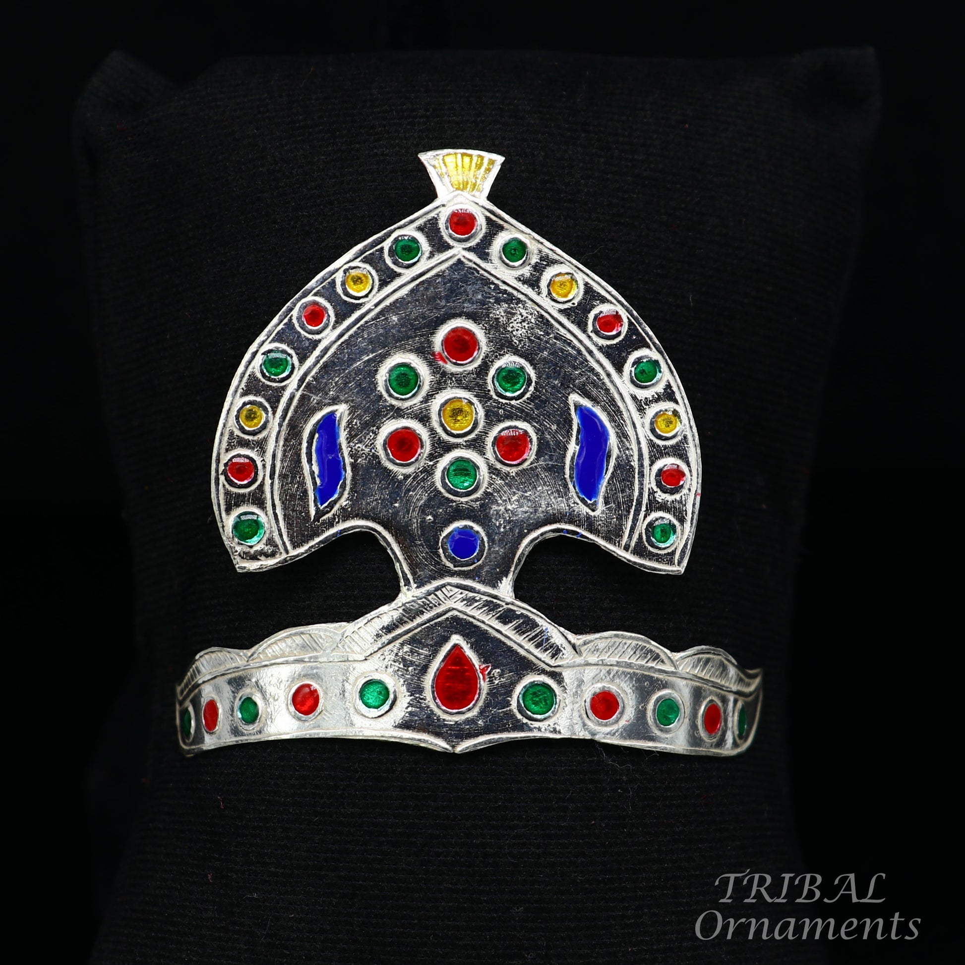 925 sterling silver vintage antique design mukut (crown), amazing handmade enamel design silver god crown home temple god hat su697 - TRIBAL ORNAMENTS