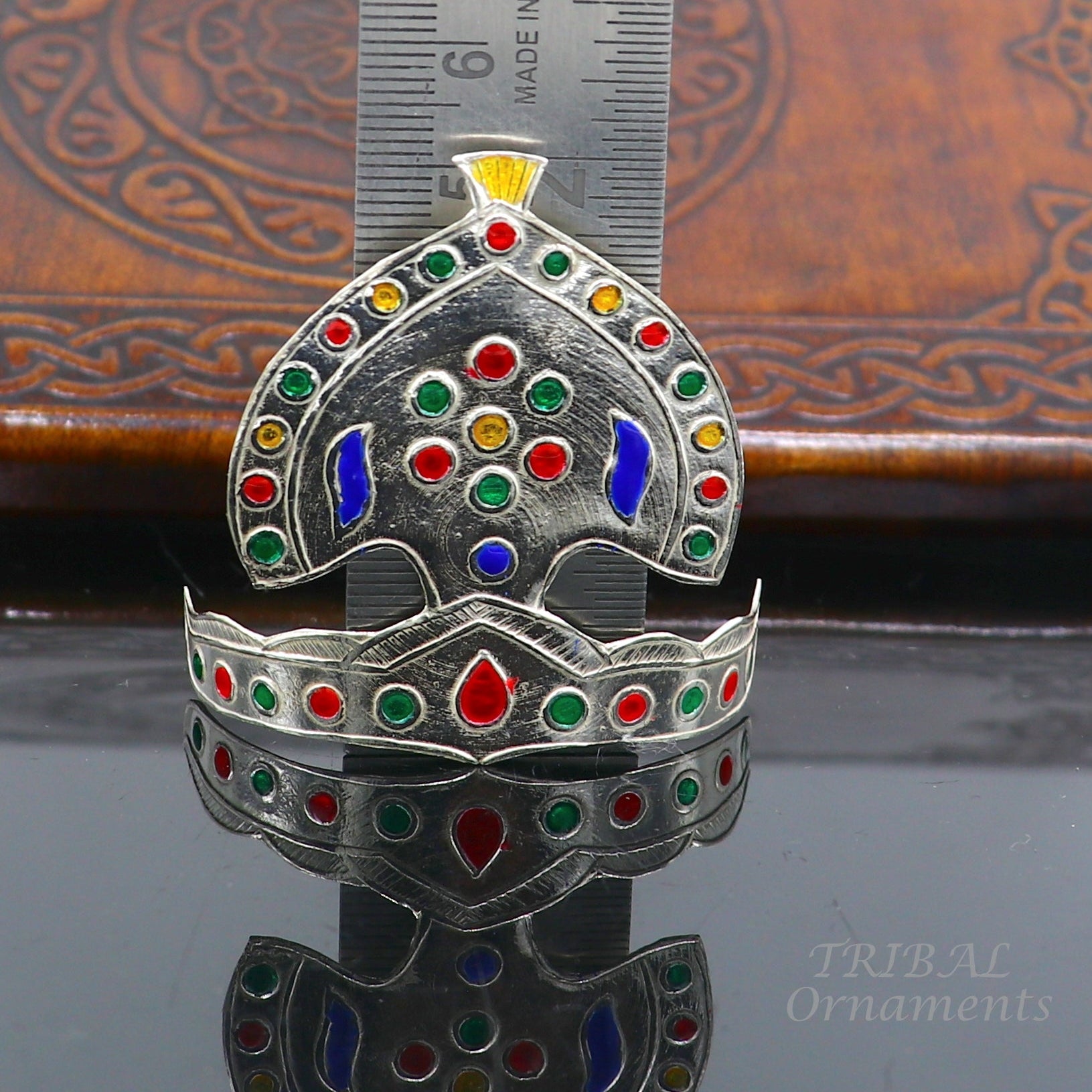 925 sterling silver vintage antique design mukut (crown), amazing handmade enamel design silver god crown home temple god hat su697 - TRIBAL ORNAMENTS