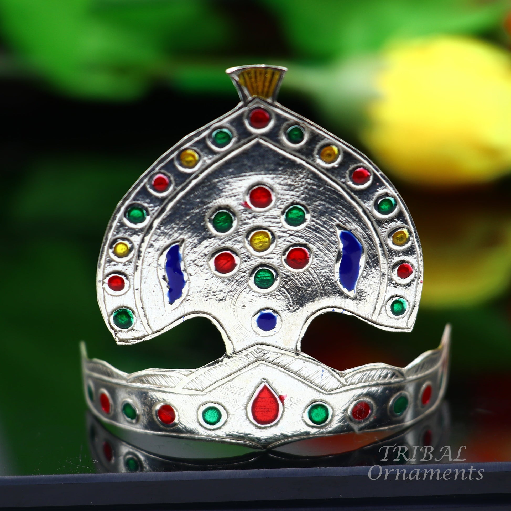 925 sterling silver vintage antique design mukut (crown), amazing handmade enamel design silver god crown home temple god hat su697 - TRIBAL ORNAMENTS