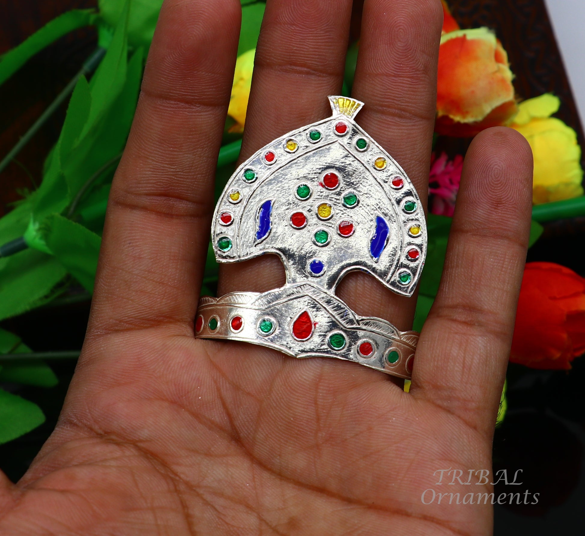 925 sterling silver vintage antique design mukut (crown), amazing handmade enamel design silver god crown home temple god hat su697 - TRIBAL ORNAMENTS