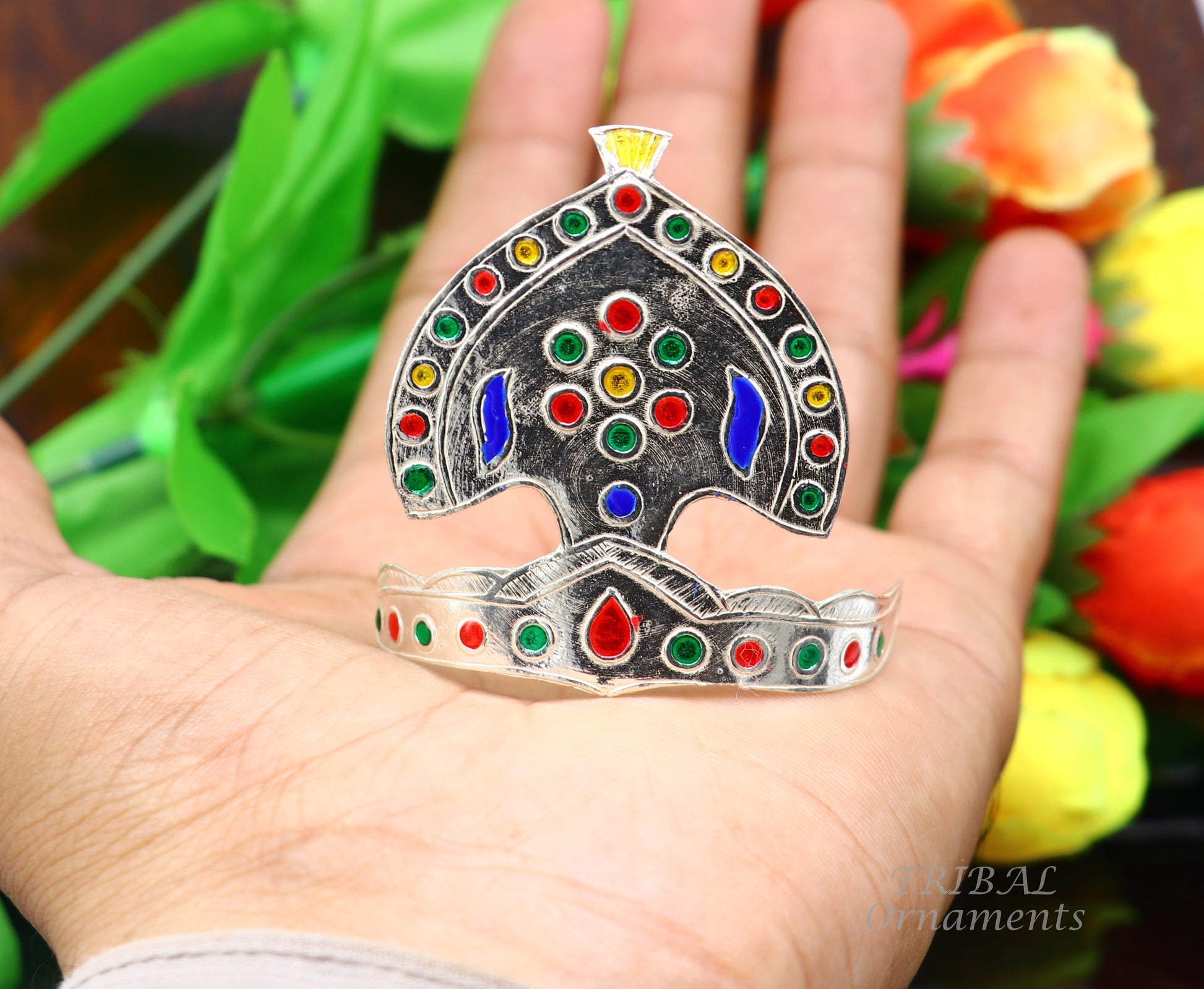 925 sterling silver vintage antique design mukut (crown), amazing handmade enamel design silver god crown home temple god hat su697 - TRIBAL ORNAMENTS