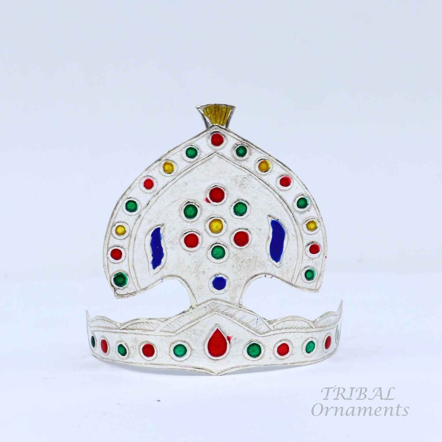 925 sterling silver vintage antique design mukut (crown), amazing handmade enamel design silver god crown home temple god hat su697 - TRIBAL ORNAMENTS
