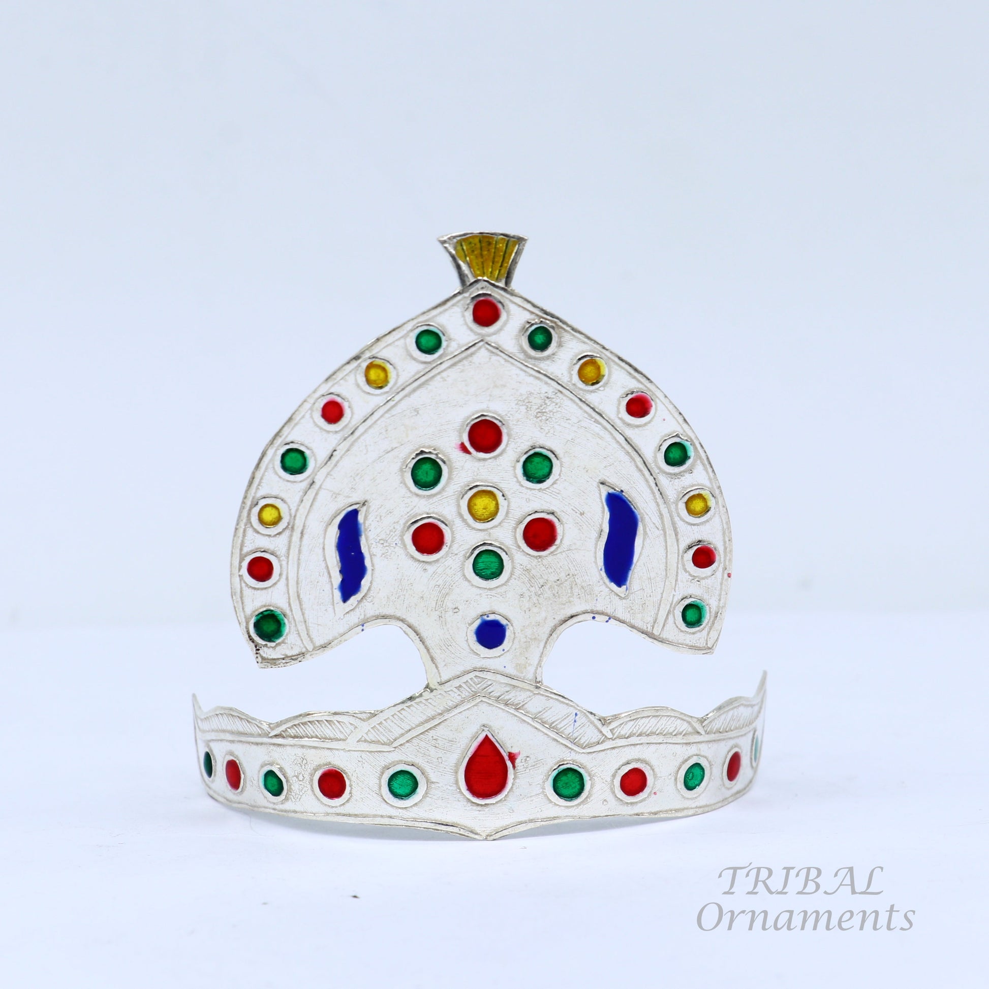 925 sterling silver vintage antique design mukut (crown), amazing handmade enamel design silver god crown home temple god hat su697 - TRIBAL ORNAMENTS
