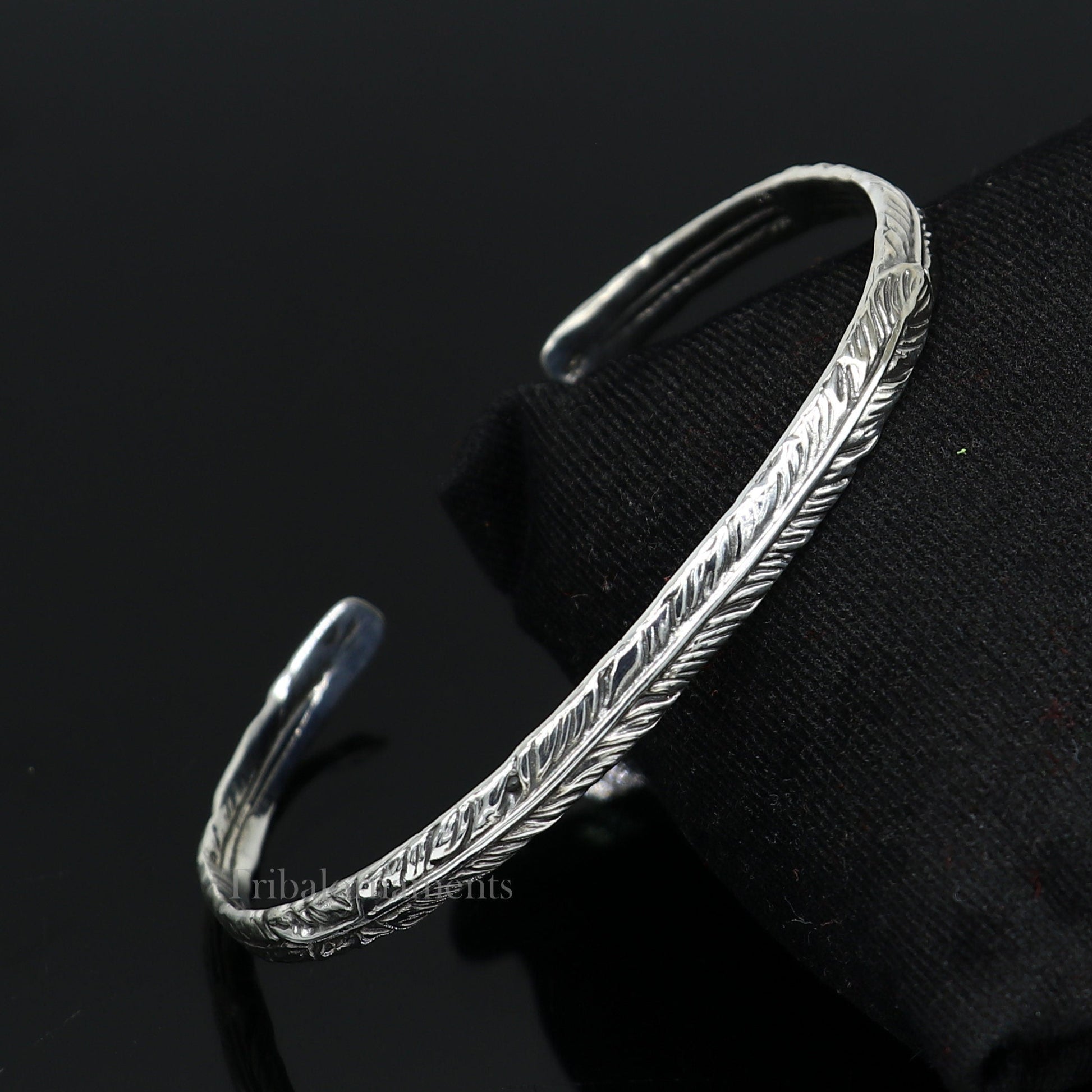 925 sterling silver vintage antique feather design handmade adjustable cuff bangle bracelet kada unisex men's or girl's jewelry nsk370 - TRIBAL ORNAMENTS