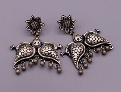 925 sterling silver Vintage antique style peacock Earrings with hanging bells stud earrings belly dance jewelry form girls women's s347 - TRIBAL ORNAMENTS