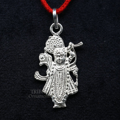 Sterling silver Krishna Shrinath Ji pendant featuring intricate tribal design, traditional Hindu jewelry, and antique-inspired craftsmanship.