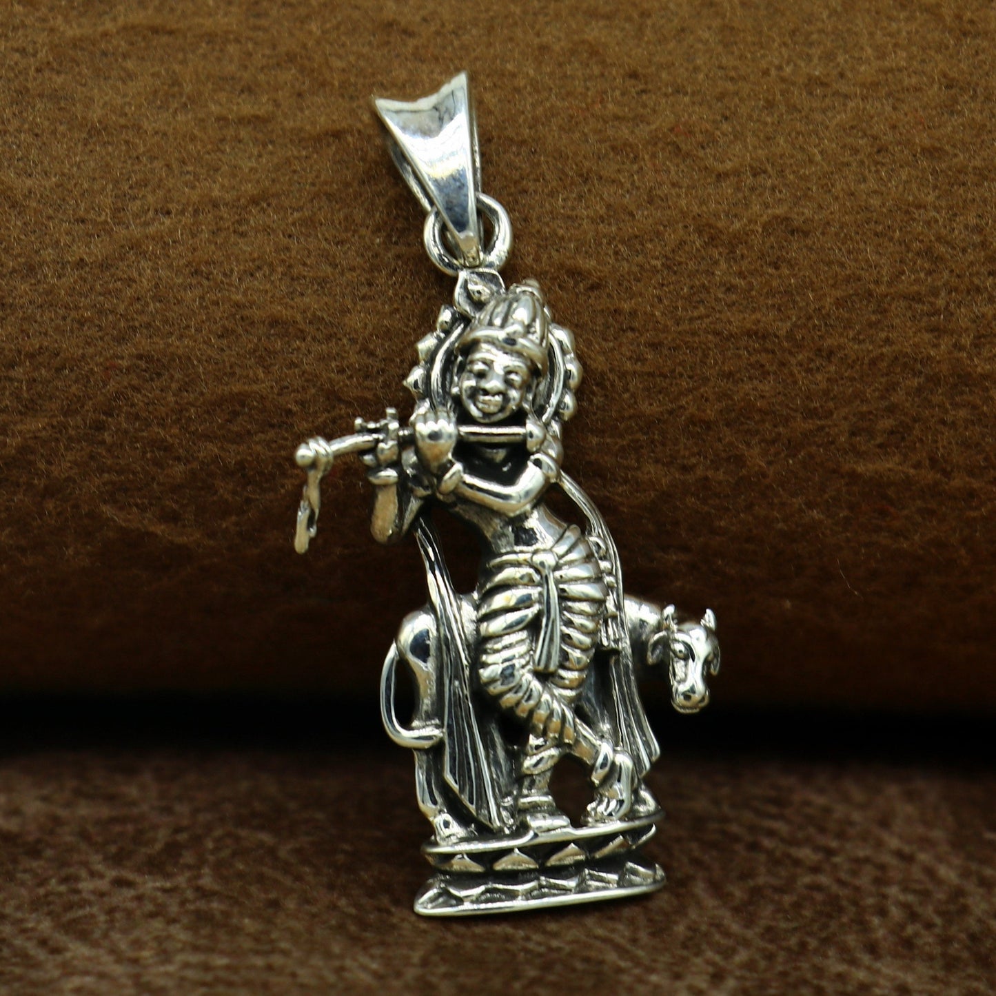 925 sterling silver vintage Antique stylish Hindu idol Krishna with cow Pendant, amazing design stunning pendant gifting jewelry ssp537 - TRIBAL ORNAMENTS