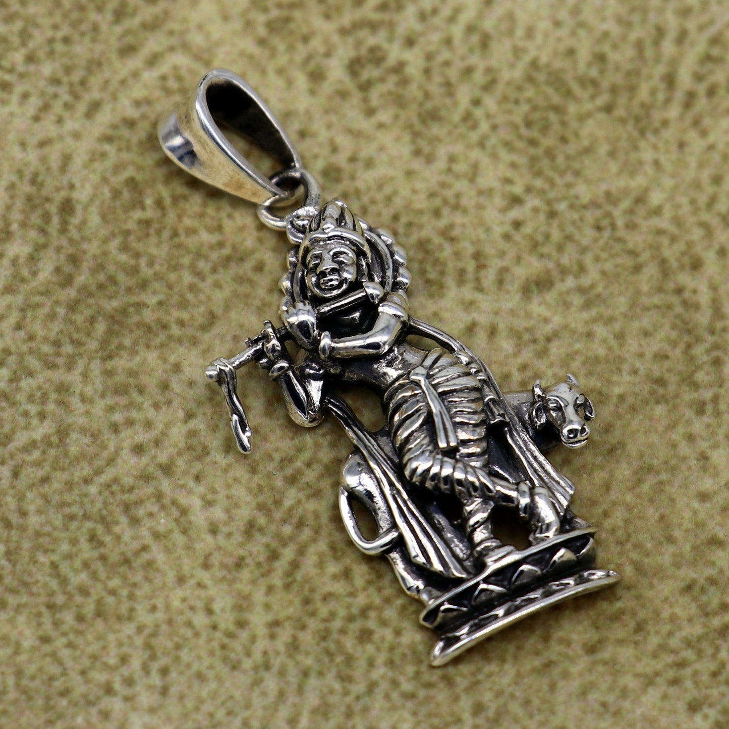925 sterling silver vintage Antique stylish Hindu idol Krishna with cow Pendant, amazing design stunning pendant gifting jewelry ssp537 - TRIBAL ORNAMENTS