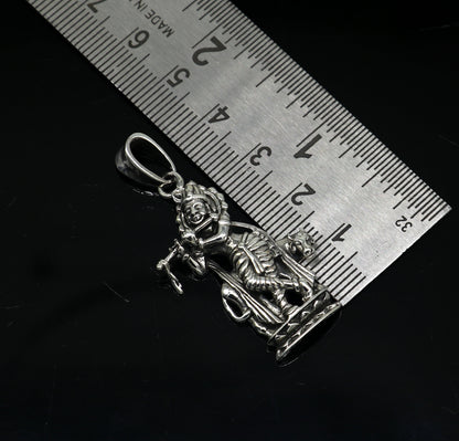 925 sterling silver Krishna with cow pendant, detailed Hindu idol jewelry, vintage tribal design, ideal for gifting.