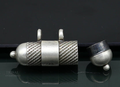 925 Sterling silver vintage amulet pendant with engraved mantra design, tribal-style box pendant by TRIBAL ORNAMENTS.