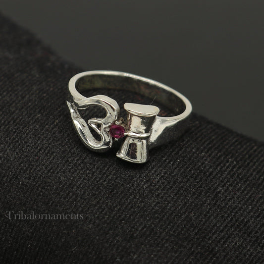 925 sterling silver vintage Shiva trident and damaru design ring, unisex custom jewelry by Tribal Ornaments.