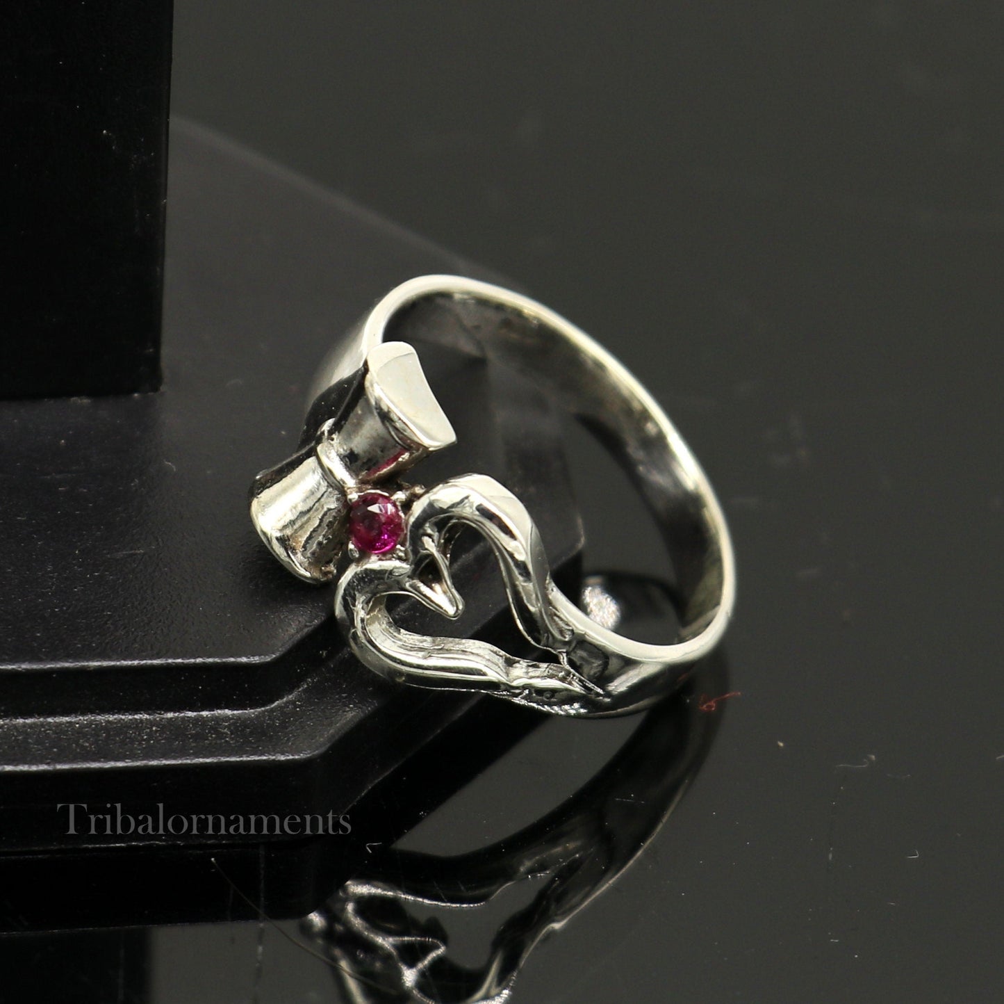 Sterling silver vintage Shiva trident Trishul damaru ring, unisex jewelry with customized design by Tribal Ornaments.
