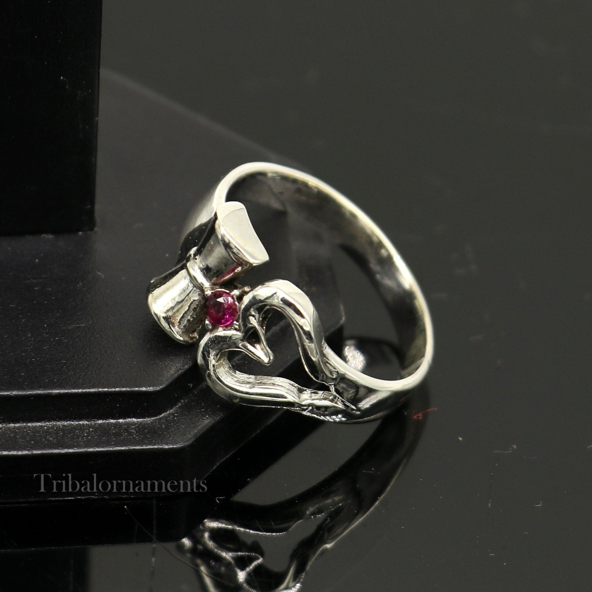 Sterling silver vintage Shiva trident Trishul damaru ring, unisex jewelry with customized design by Tribal Ornaments.