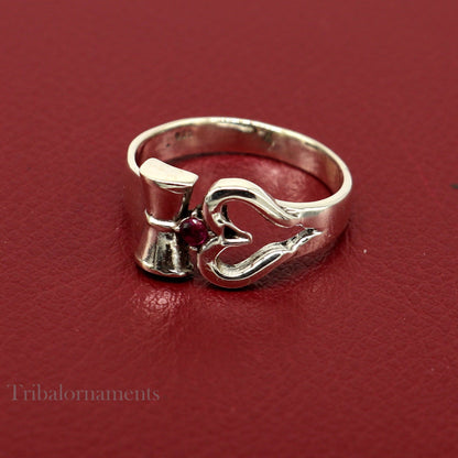 Sterling silver vintage Shiva trident trishul damaru ring, unisex jewelry with customized design by Tribal Ornaments.