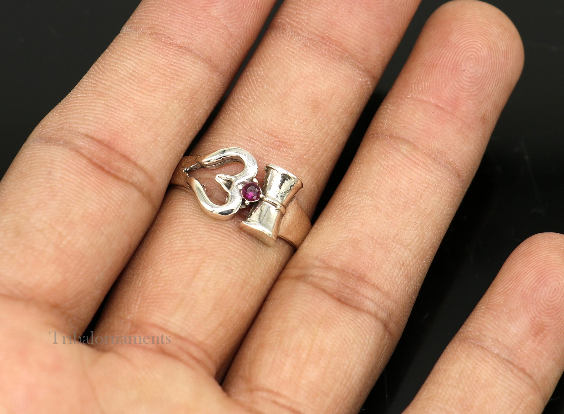 Sterling silver vintage Shiva trident trishul damaru ring band, unisex customized jewelry by Tribal Ornaments.