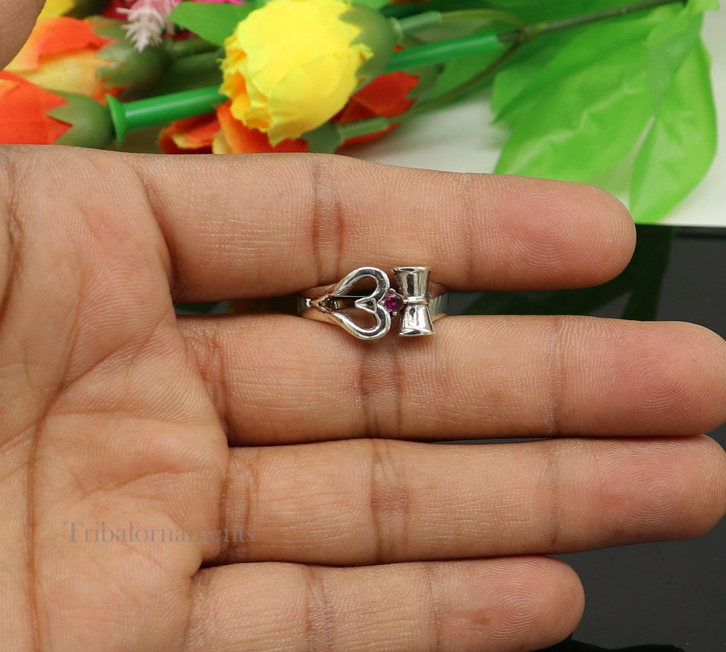 925 sterling silver vintage Shiva trident trishul damaru ring, unisex jewelry with custom design by Tribal Ornaments.