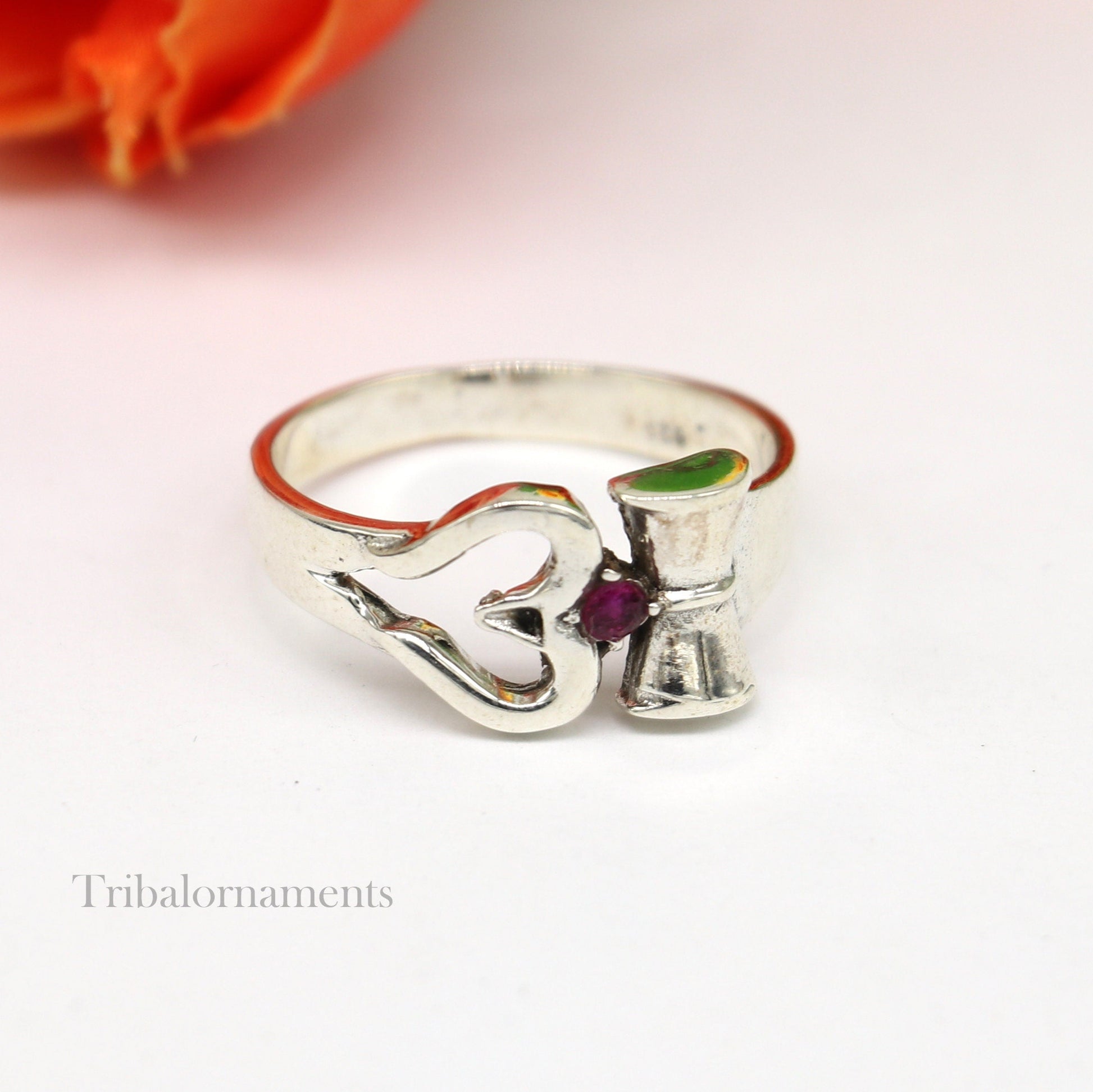 Sterling silver vintage Shiva trident and damaru design ring by TRIBAL ORNAMENTS, unisex jewelry with customized details.