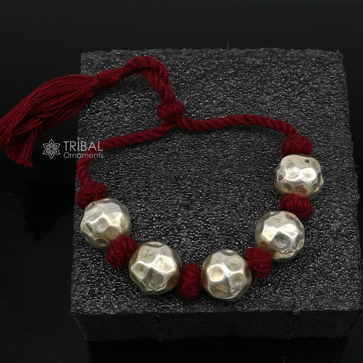 Sterling silver vintage beaded bracelet with customizable design, adjustable fit, ideal for weddings and ethnic tribal jewelry.