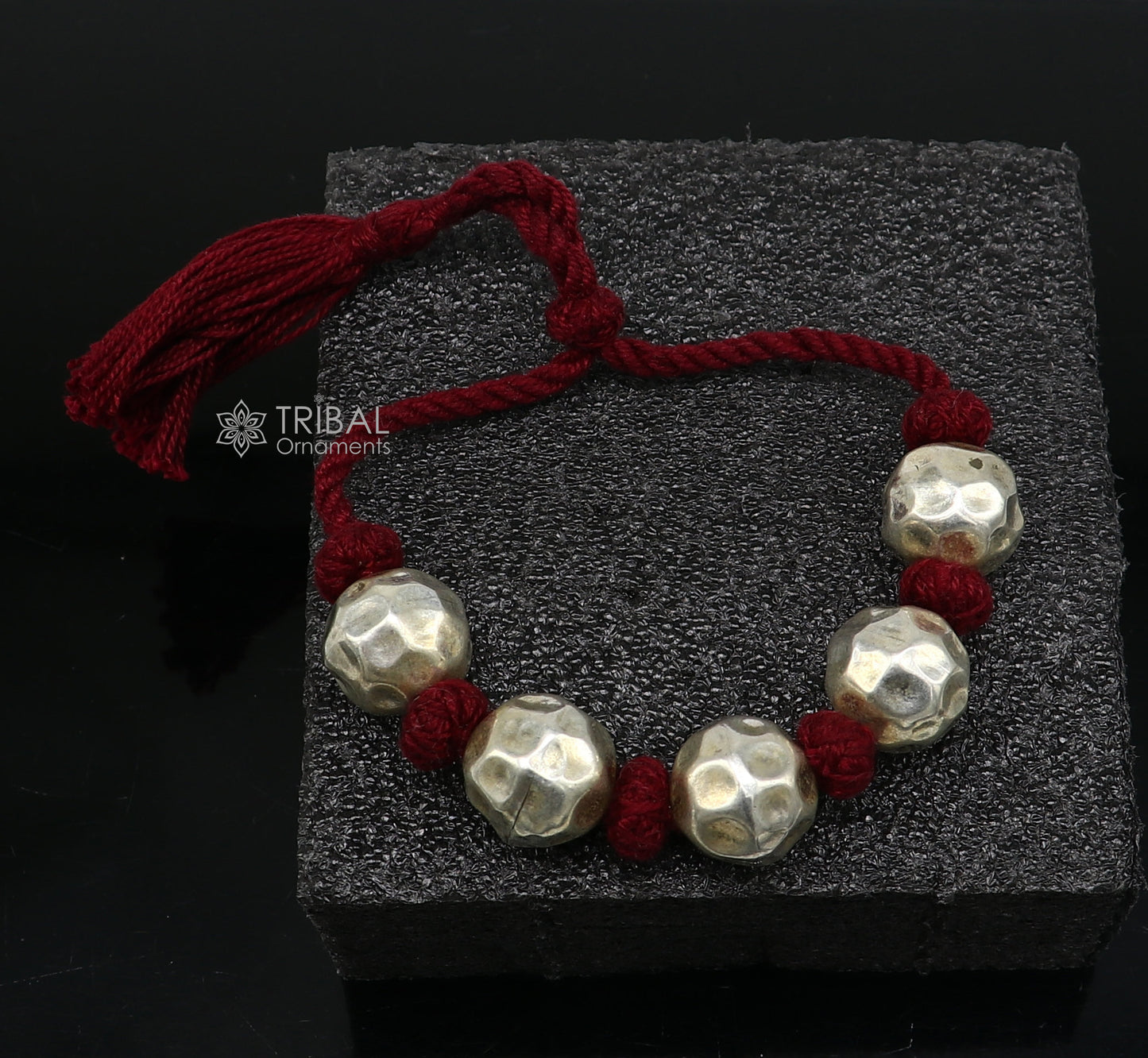 Sterling silver vintage beaded bracelet with customizable tribal design, adjustable fit for brides, weddings, and ethnic jewelry.
