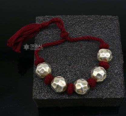 Sterling silver vintage beaded bracelet with customizable tribal design, adjustable fit for brides, weddings, and ethnic jewelry.