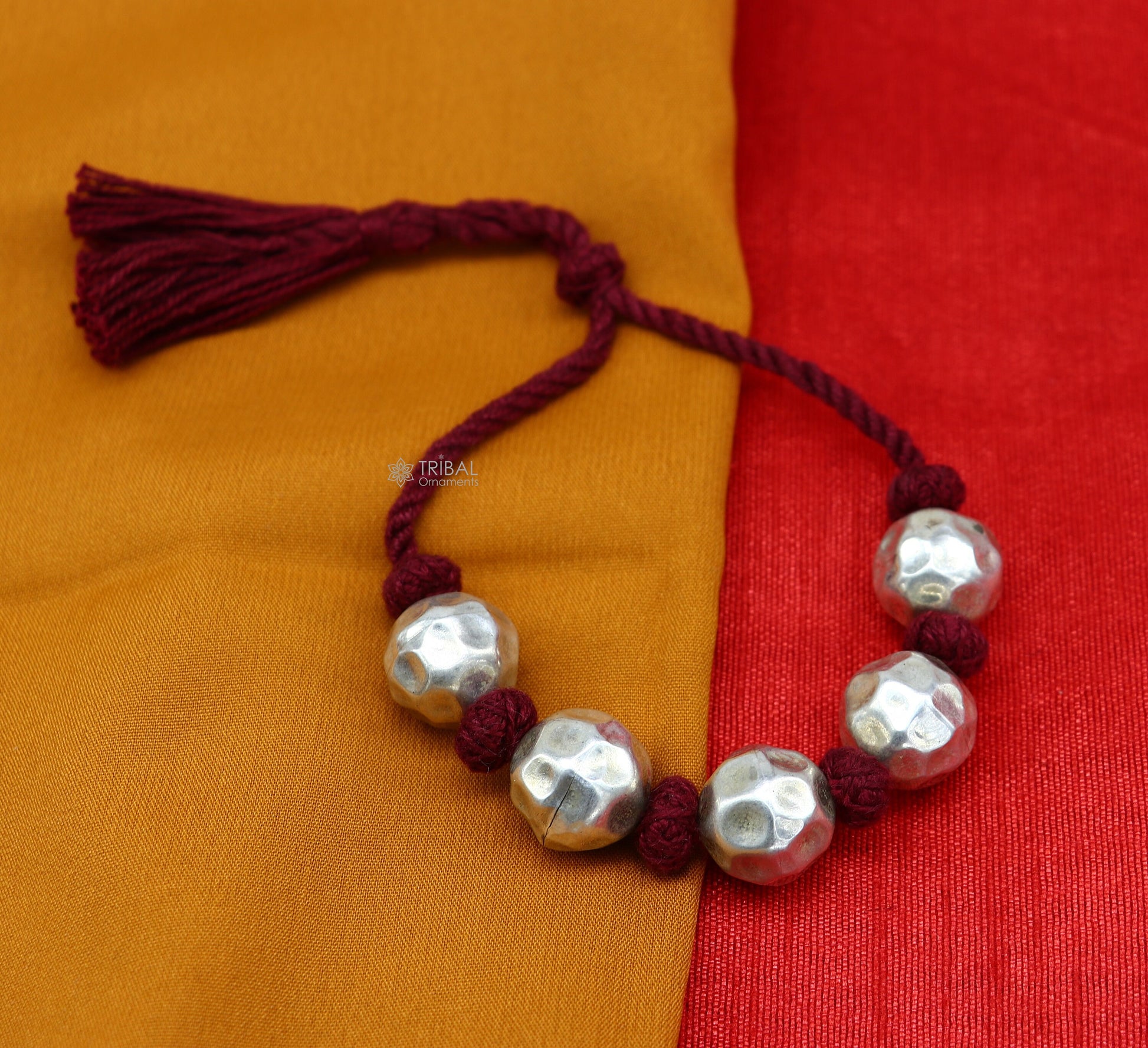 Sterling silver vintage beaded bracelet with adjustable design, tribal style, perfect for brides and wedding ethnic jewelry.